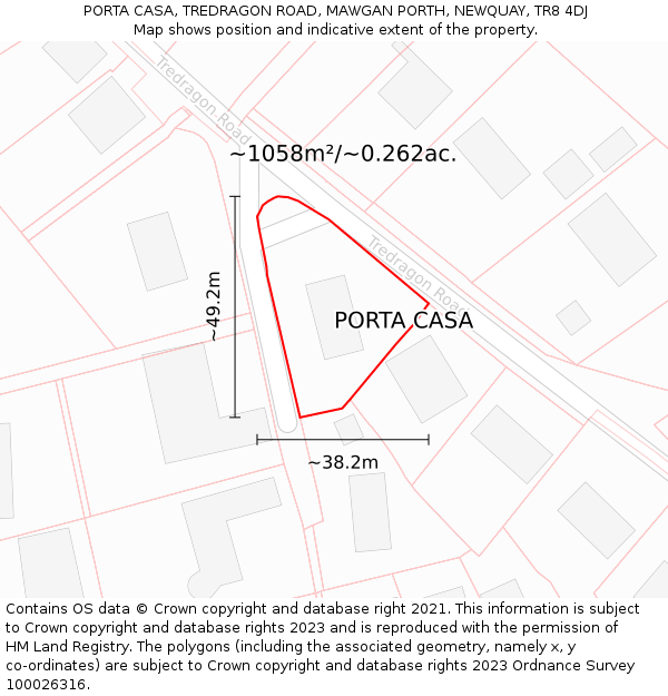 PORTA CASA, TREDRAGON ROAD, MAWGAN PORTH, NEWQUAY, TR8 4DJ: Plot and title map