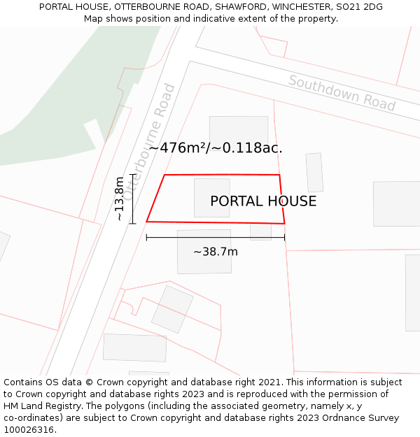 PORTAL HOUSE, OTTERBOURNE ROAD, SHAWFORD, WINCHESTER, SO21 2DG: Plot and title map