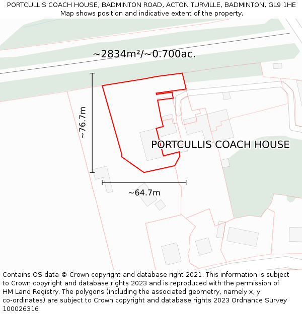 PORTCULLIS COACH HOUSE, BADMINTON ROAD, ACTON TURVILLE, BADMINTON, GL9 1HE: Plot and title map