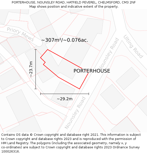 PORTERHOUSE, NOUNSLEY ROAD, HATFIELD PEVEREL, CHELMSFORD, CM3 2NF: Plot and title map