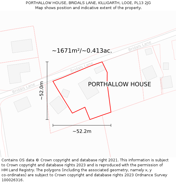 PORTHALLOW HOUSE, BRIDALS LANE, KILLIGARTH, LOOE, PL13 2JG: Plot and title map