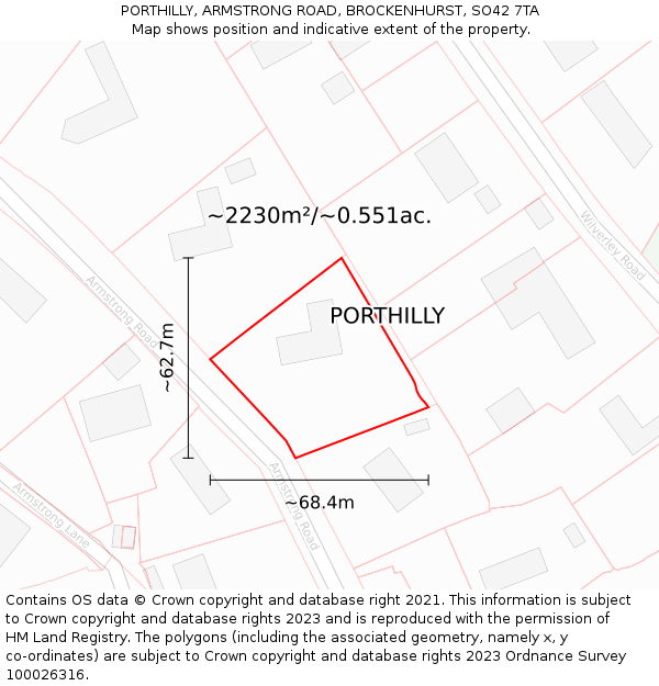 PORTHILLY, ARMSTRONG ROAD, BROCKENHURST, SO42 7TA: Plot and title map