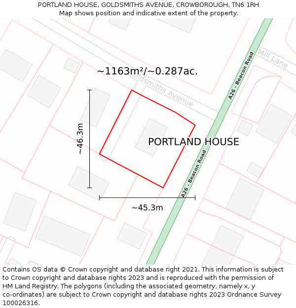 PORTLAND HOUSE, GOLDSMITHS AVENUE, CROWBOROUGH, TN6 1RH: Plot and title map