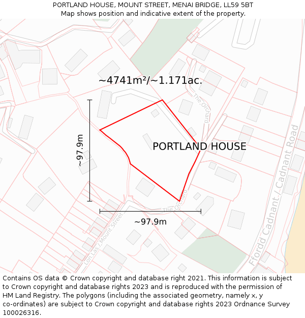 PORTLAND HOUSE, MOUNT STREET, MENAI BRIDGE, LL59 5BT: Plot and title map