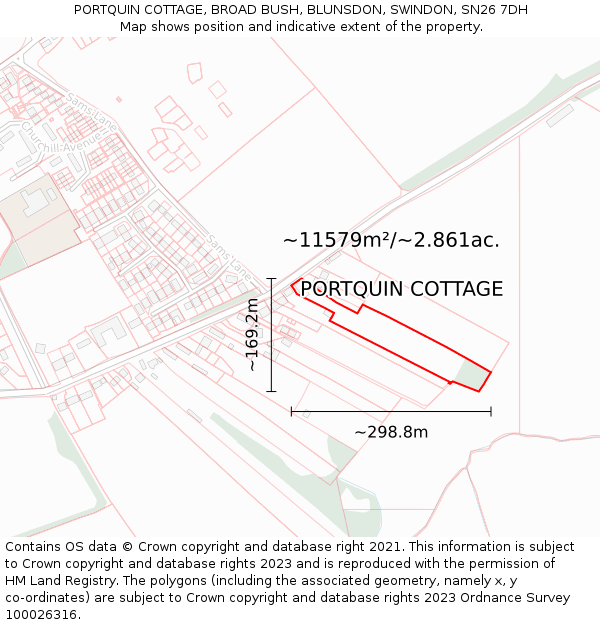 PORTQUIN COTTAGE, BROAD BUSH, BLUNSDON, SWINDON, SN26 7DH: Plot and title map