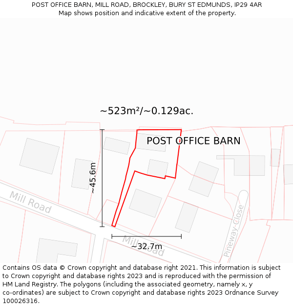 POST OFFICE BARN, MILL ROAD, BROCKLEY, BURY ST EDMUNDS, IP29 4AR: Plot and title map