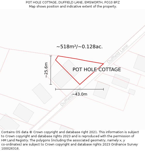 POT HOLE COTTAGE, DUFFIELD LANE, EMSWORTH, PO10 8PZ: Plot and title map