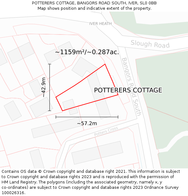 POTTERERS COTTAGE, BANGORS ROAD SOUTH, IVER, SL0 0BB: Plot and title map