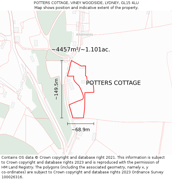 POTTERS COTTAGE, VINEY WOODSIDE, LYDNEY, GL15 4LU: Plot and title map