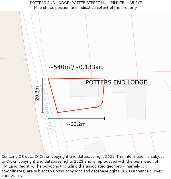 POTTERS END LODGE, POTTER STREET HILL, PINNER, HA5 3YE: Plot and title map