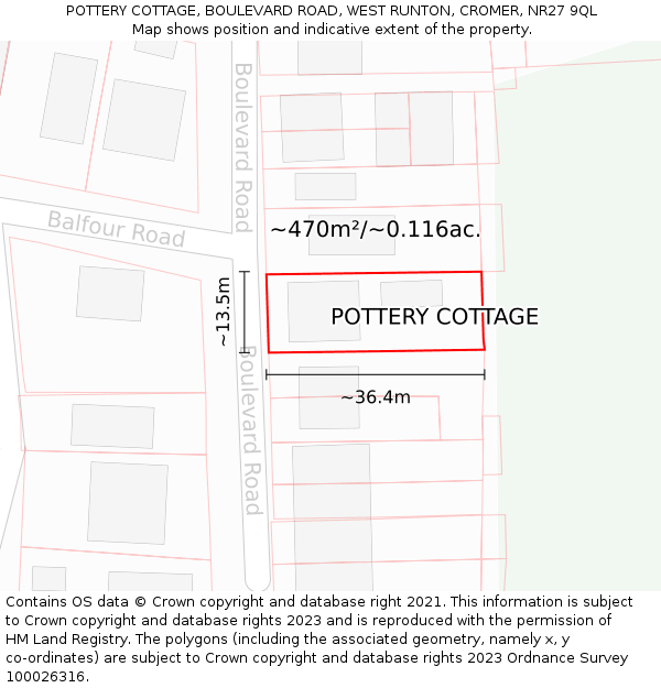 POTTERY COTTAGE, BOULEVARD ROAD, WEST RUNTON, CROMER, NR27 9QL: Plot and title map