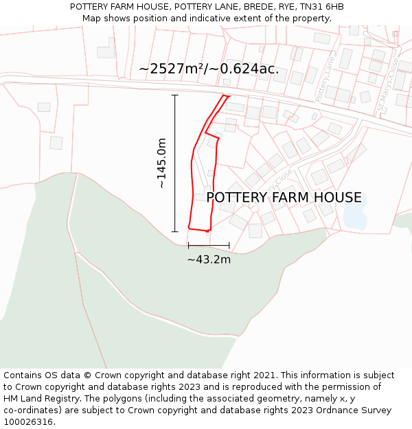 POTTERY FARM HOUSE, POTTERY LANE, BREDE, RYE, TN31 6HB: Plot and title map