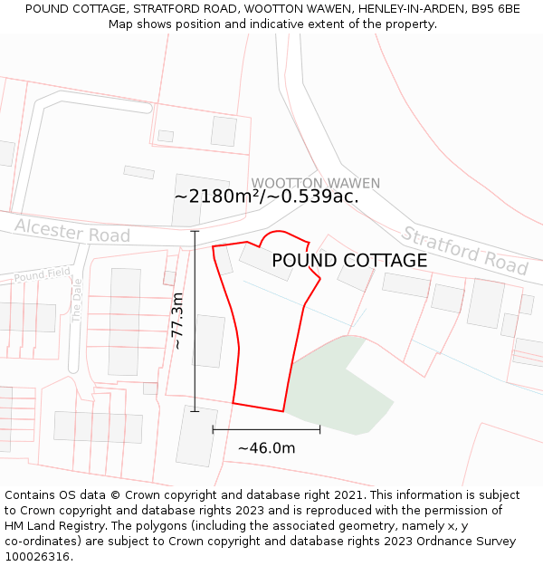 POUND COTTAGE, STRATFORD ROAD, WOOTTON WAWEN, HENLEY-IN-ARDEN, B95 6BE: Plot and title map