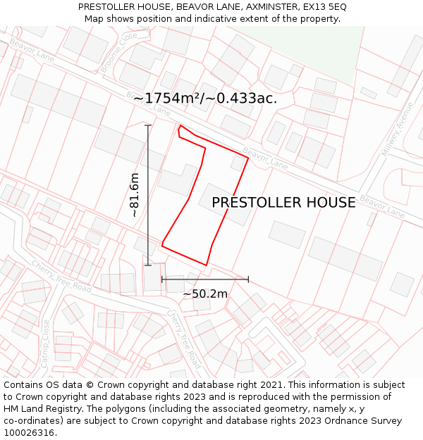 PRESTOLLER HOUSE, BEAVOR LANE, AXMINSTER, EX13 5EQ: Plot and title map