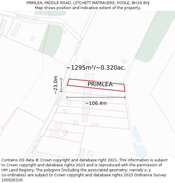 PRIMLEA, MIDDLE ROAD, LYTCHETT MATRAVERS, POOLE, BH16 6HJ: Plot and title map