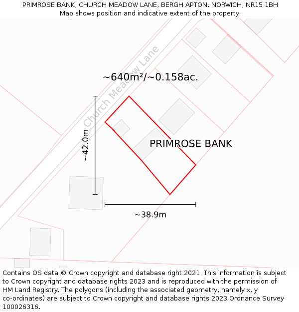 PRIMROSE BANK, CHURCH MEADOW LANE, BERGH APTON, NORWICH, NR15 1BH: Plot and title map
