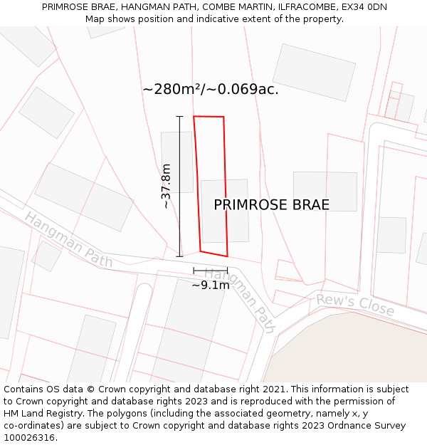 PRIMROSE BRAE, HANGMAN PATH, COMBE MARTIN, ILFRACOMBE, EX34 0DN: Plot and title map