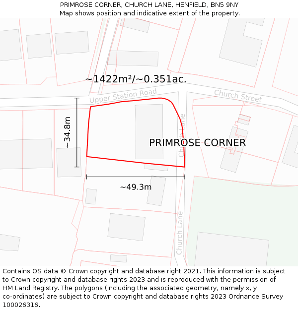 PRIMROSE CORNER, CHURCH LANE, HENFIELD, BN5 9NY: Plot and title map