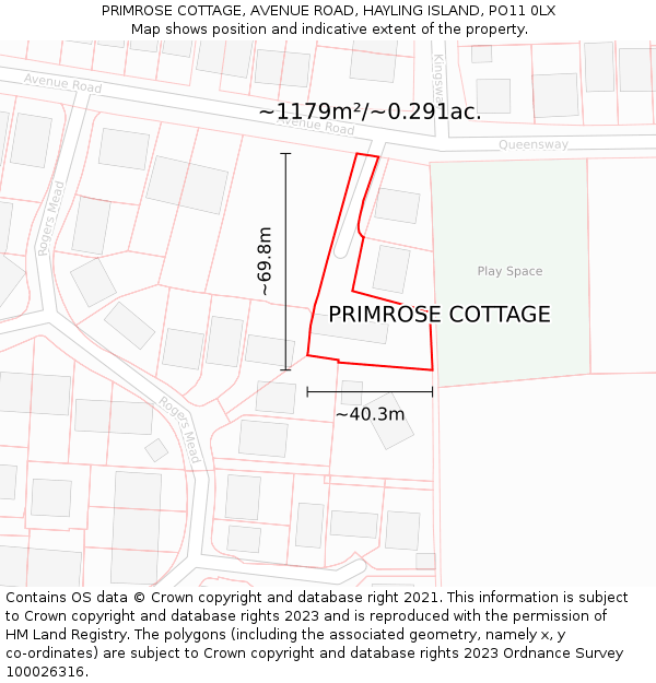 PRIMROSE COTTAGE, AVENUE ROAD, HAYLING ISLAND, PO11 0LX: Plot and title map