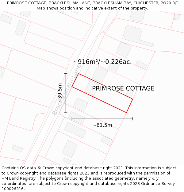 PRIMROSE COTTAGE, BRACKLESHAM LANE, BRACKLESHAM BAY, CHICHESTER, PO20 8JF: Plot and title map