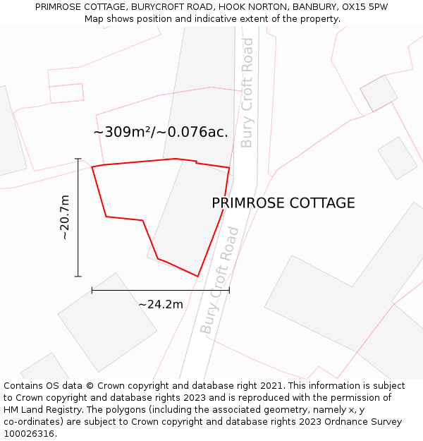 PRIMROSE COTTAGE, BURYCROFT ROAD, HOOK NORTON, BANBURY, OX15 5PW: Plot and title map