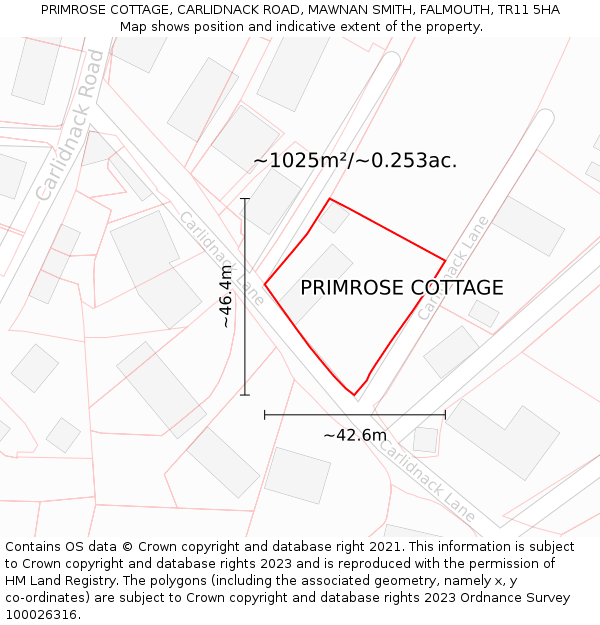 PRIMROSE COTTAGE, CARLIDNACK ROAD, MAWNAN SMITH, FALMOUTH, TR11 5HA: Plot and title map