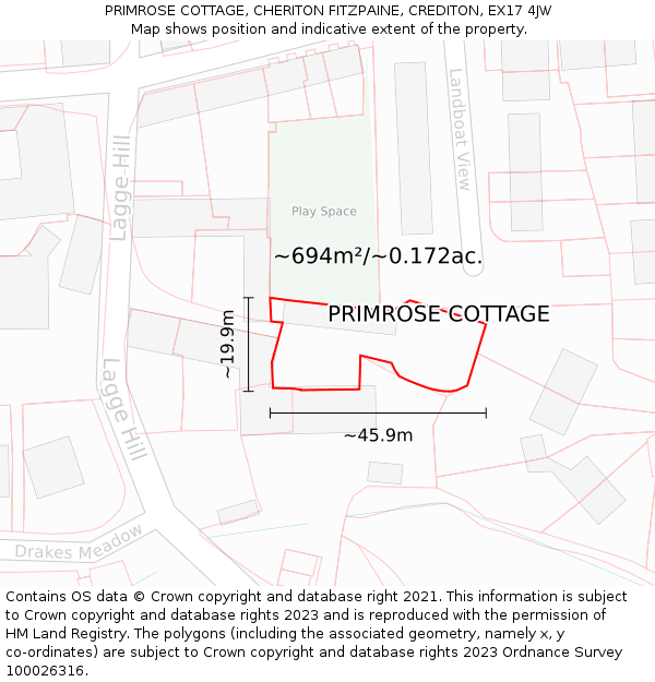 PRIMROSE COTTAGE, CHERITON FITZPAINE, CREDITON, EX17 4JW: Plot and title map