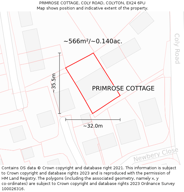 PRIMROSE COTTAGE, COLY ROAD, COLYTON, EX24 6PU: Plot and title map