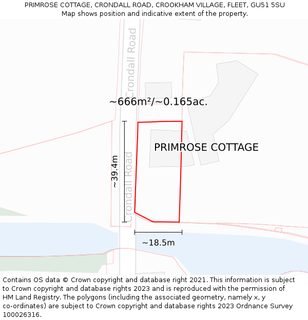 PRIMROSE COTTAGE, CRONDALL ROAD, CROOKHAM VILLAGE, FLEET, GU51 5SU: Plot and title map