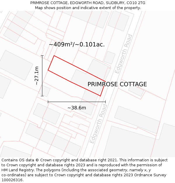 PRIMROSE COTTAGE, EDGWORTH ROAD, SUDBURY, CO10 2TG: Plot and title map