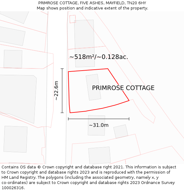 PRIMROSE COTTAGE, FIVE ASHES, MAYFIELD, TN20 6HY: Plot and title map