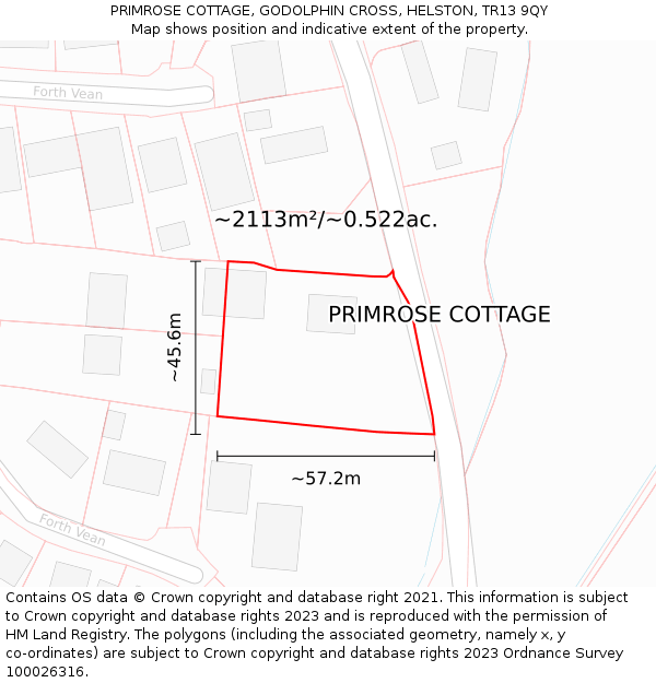 PRIMROSE COTTAGE, GODOLPHIN CROSS, HELSTON, TR13 9QY: Plot and title map