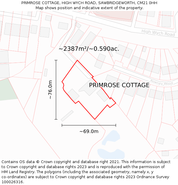 PRIMROSE COTTAGE, HIGH WYCH ROAD, SAWBRIDGEWORTH, CM21 0HH: Plot and title map