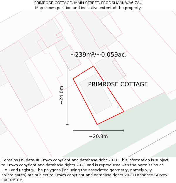 PRIMROSE COTTAGE, MAIN STREET, FRODSHAM, WA6 7AU: Plot and title map