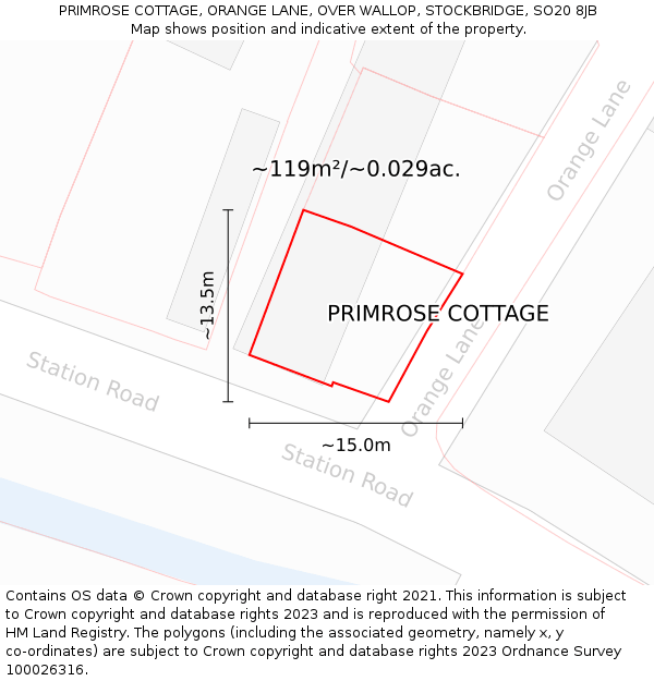 PRIMROSE COTTAGE, ORANGE LANE, OVER WALLOP, STOCKBRIDGE, SO20 8JB: Plot and title map