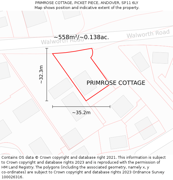 PRIMROSE COTTAGE, PICKET PIECE, ANDOVER, SP11 6LY: Plot and title map