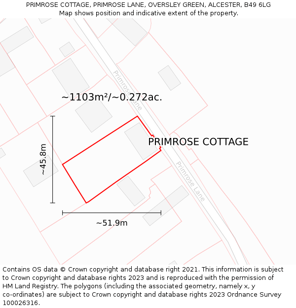 PRIMROSE COTTAGE, PRIMROSE LANE, OVERSLEY GREEN, ALCESTER, B49 6LG: Plot and title map