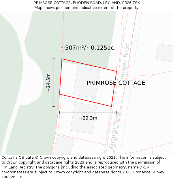 PRIMROSE COTTAGE, RHODEN ROAD, LEYLAND, PR26 7SX: Plot and title map
