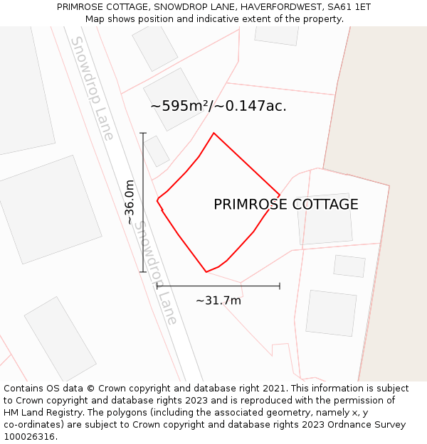 PRIMROSE COTTAGE, SNOWDROP LANE, HAVERFORDWEST, SA61 1ET: Plot and title map