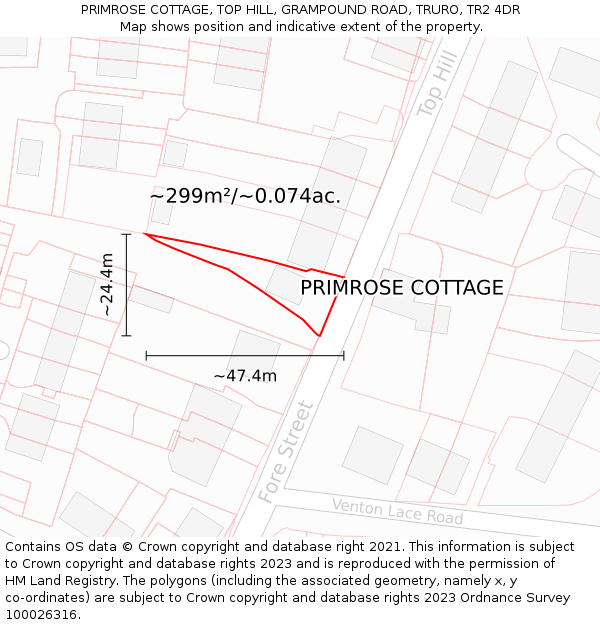 PRIMROSE COTTAGE, TOP HILL, GRAMPOUND ROAD, TRURO, TR2 4DR: Plot and title map