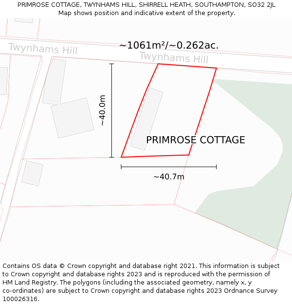 PRIMROSE COTTAGE, TWYNHAMS HILL, SHIRRELL HEATH, SOUTHAMPTON, SO32 2JL: Plot and title map