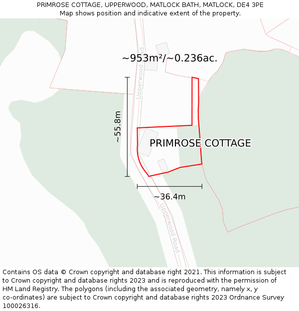 PRIMROSE COTTAGE, UPPERWOOD, MATLOCK BATH, MATLOCK, DE4 3PE: Plot and title map