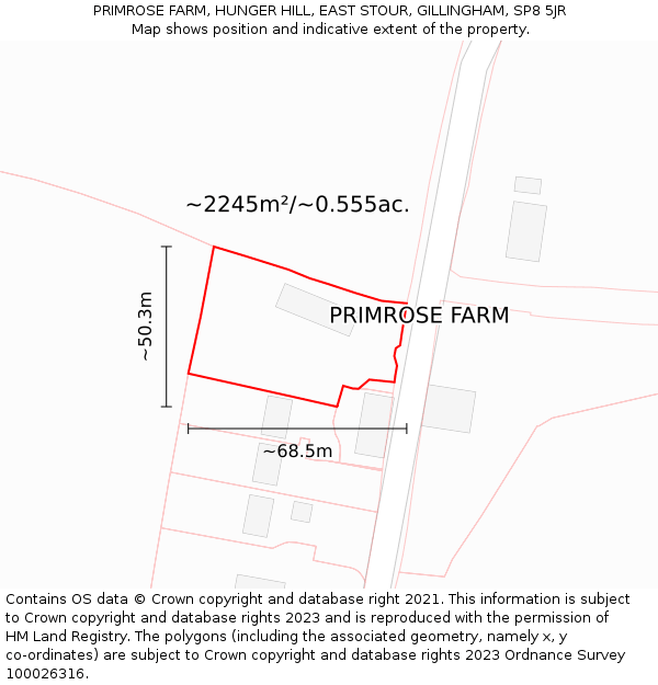 PRIMROSE FARM, HUNGER HILL, EAST STOUR, GILLINGHAM, SP8 5JR: Plot and title map