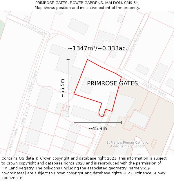 PRIMROSE GATES, BOWER GARDENS, MALDON, CM9 6HJ: Plot and title map