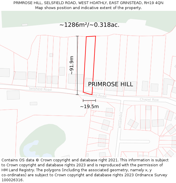 PRIMROSE HILL, SELSFIELD ROAD, WEST HOATHLY, EAST GRINSTEAD, RH19 4QN: Plot and title map