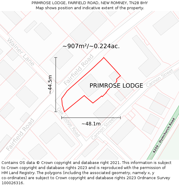 PRIMROSE LODGE, FAIRFIELD ROAD, NEW ROMNEY, TN28 8HY: Plot and title map