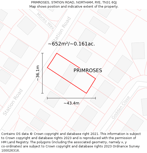 PRIMROSES, STATION ROAD, NORTHIAM, RYE, TN31 6QJ: Plot and title map