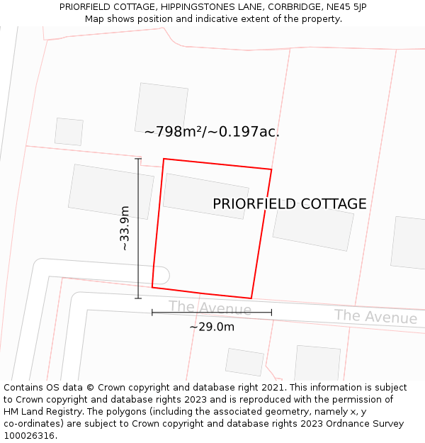 PRIORFIELD COTTAGE, HIPPINGSTONES LANE, CORBRIDGE, NE45 5JP: Plot and title map