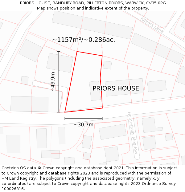 PRIORS HOUSE, BANBURY ROAD, PILLERTON PRIORS, WARWICK, CV35 0PG: Plot and title map