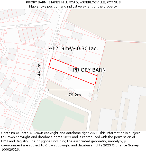 PRIORY BARN, STAKES HILL ROAD, WATERLOOVILLE, PO7 5UB: Plot and title map